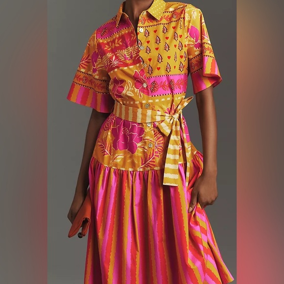 Farm Rio Floral Striped Shirtdress Size L Yellow Pink Maxi Missing Belt - Picture 1 of 9